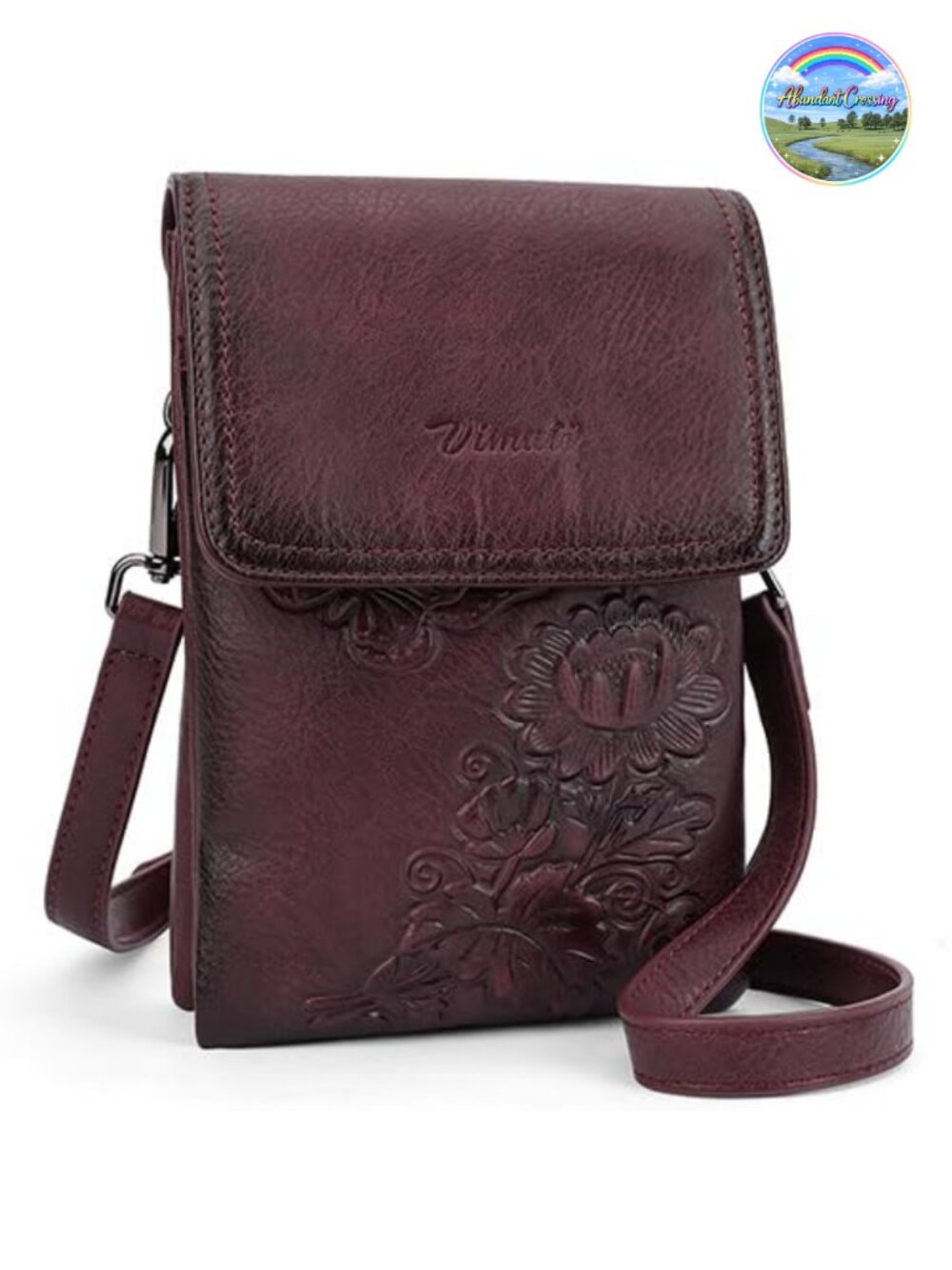 Small Crossbody Phone Bag Vegan Leather Embossed Flower Women Purse
